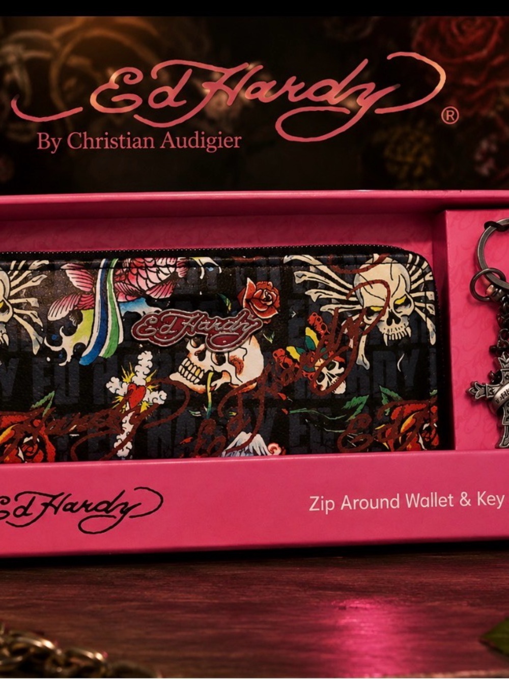 Ed Hardy Black Multicolor Floral Skull Zip Wallet with Key Charm